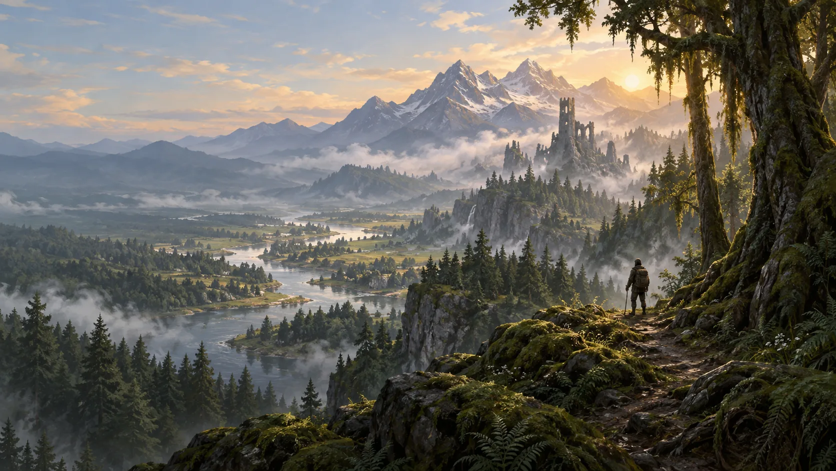 Original editorial illustration of a traveler overlooking a wooded river valley